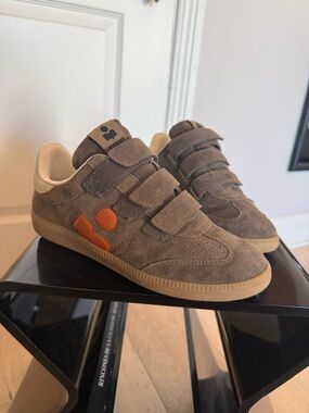 Isabel Marant Taupe Suede Sneakers with Orange Accent